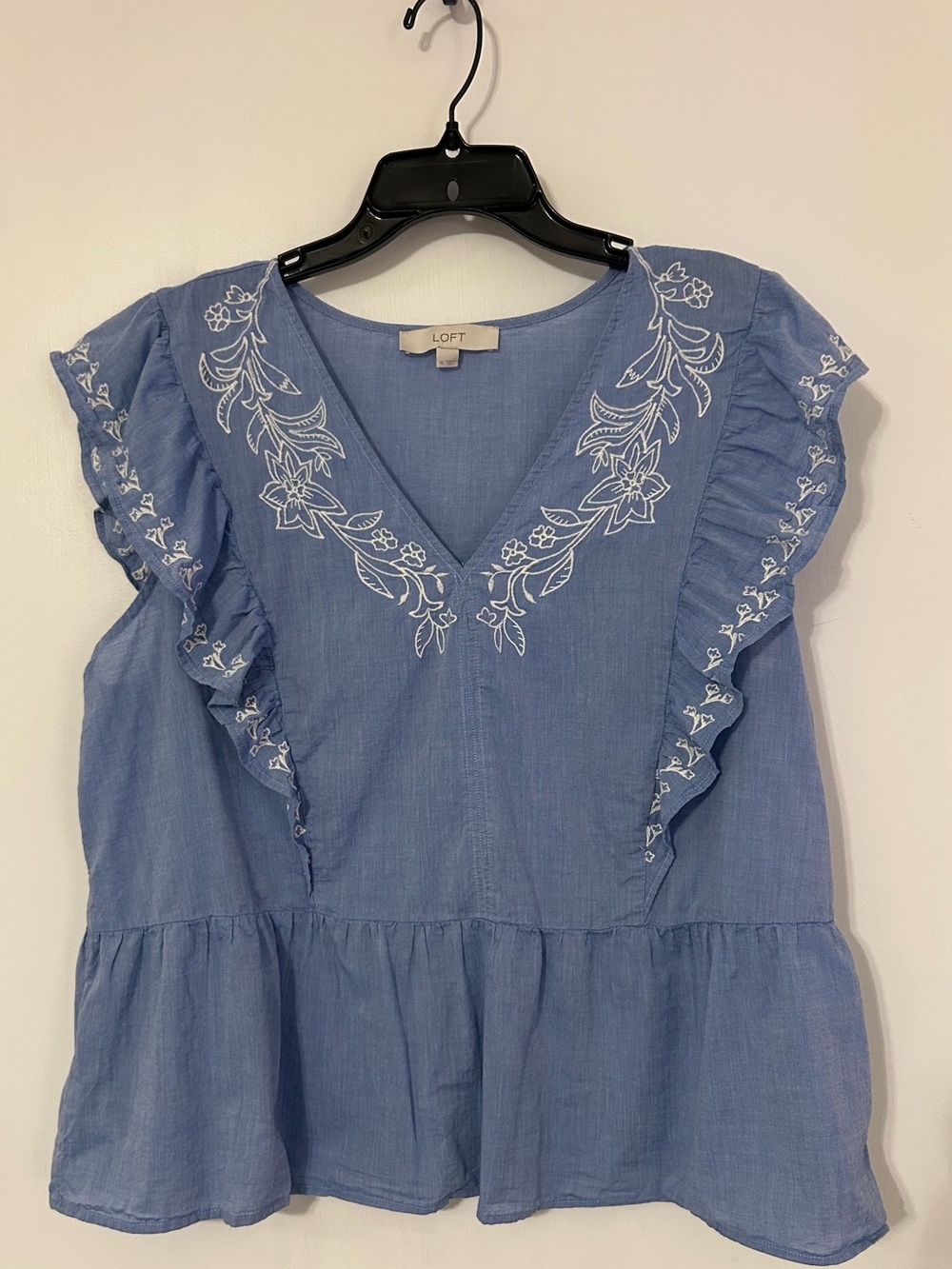 LOFT Light Blue V-Neck Embroidered Ruffle Top